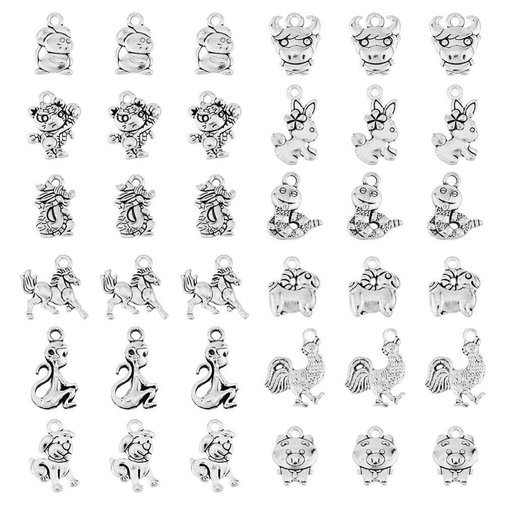 2050 96Pcs 12 Styles Tibetan Style Alloy Pendants 12 Chinese Zodiac Signs